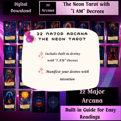 Tarot de Neón con los 22 Arcanos Mayores, un mazo digital vibrante donde cada carta revela tu destino a través de una poderosa afirmación "Yo Soy"